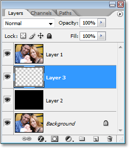 Layers Photoshop palet menampilkan lapisan baru kosong antara Layer 1 dan Layer 2.