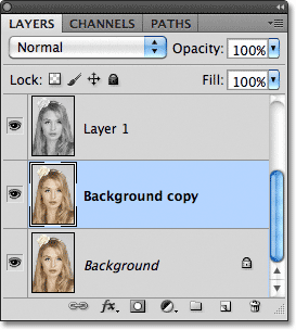 Menduplikasi layer Background di Photoshop. Gambar © 2011 Photoshop Essentials.com.