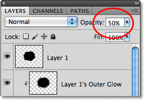 Lowering the layer opacity to 50%. Image © 2011 Photoshop Essentials.com.