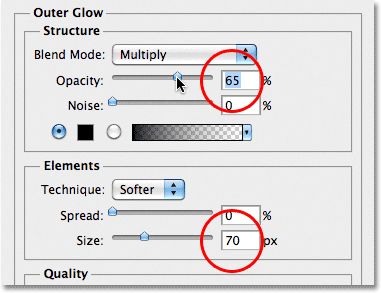 Photoshop Outer Glow layer style options. Image © 2011 Photoshop Essentials.com.