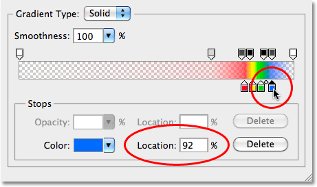 Setting the location of the blue color stop to 92% in the gradient. Image © 2010 Photoshop Essentials.com