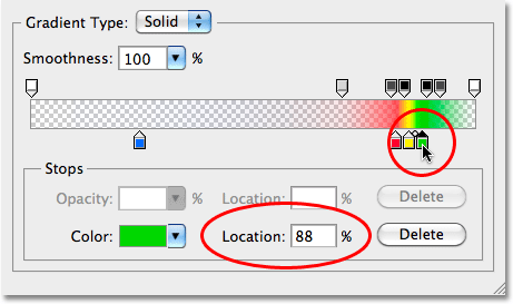 Mengatur lokasi halte warna hijau menjadi 88% pada gradien. Image © 2010 Photoshop Essentials.com