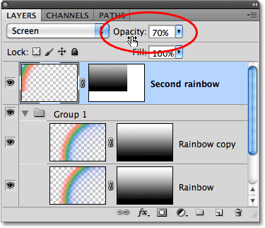 Lowering the opacity of the second rainbow. Image © 2010 Photoshop Essentials.com