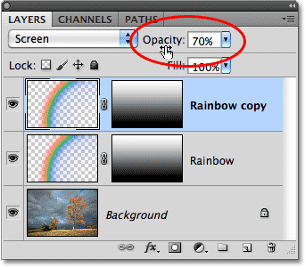 Duplicating the rainbow layer and lowering the opacity of the duplicate layer to 70%.