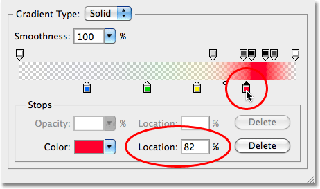 Setting the location of the red color stop to 82% in the gradient. Image © 2010 Photoshop Essentials.com