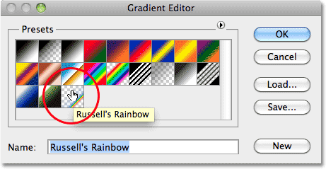 Memilih Russell Rainbow gradient di Photoshop.