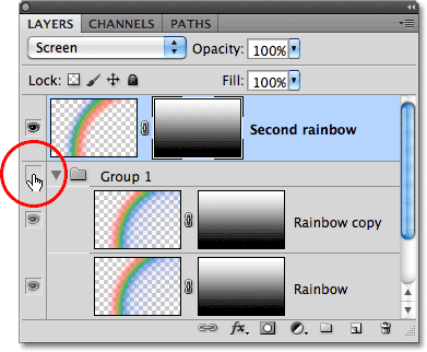 Mengklik ikon visibilitas lapisan kelompok di panel Layers. Image © 2010 Photoshop Essentials.com