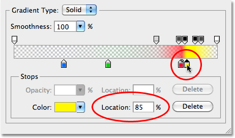 Mengatur lokasi halte warna kuning hingga 85% dalam gradien. Image © 2010 Photoshop Essentials.com