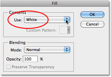 Mengatur Gunakan pilihan untuk Putih di kotak dialog Fill. Image © 2010 Photoshop Essentials.com.