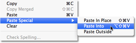 Memilih Paste Into perintah dari menu Edit di Photoshop. Image © 2010 Photoshop Essentials.com