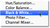 Choosing a Black & White adjustment layer in Photoshop. Image © 2012 Photoshop Essentials.com