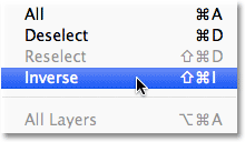 Choosing the Inverse command from the Select menu in Photoshop. Image © 2012 Photoshop Essentials.com.