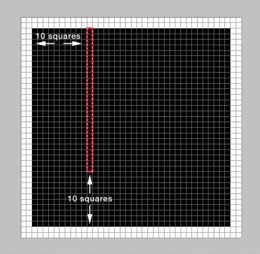 Memilih kolom 11 kotak dari kiri, meninggalkan deretan 10 kotak di bawah seleksi. Gambar © 2011 Photoshop Essentials.com.