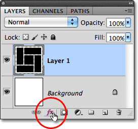 Layer Styles ikon di panel Layers di Photoshop. Gambar © 2011 Photoshop Essentials.com.