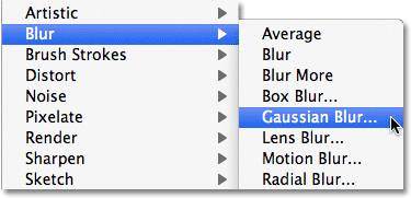 Selecting the Gaussian Blur filter in Photoshop. Image © 2011 Photoshop Essentials.com