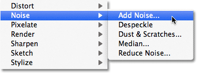 Selecting the Add Noise filter in Photoshop. Image © 2011 Photoshop Essentials.com