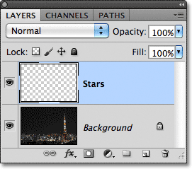 A new layer named Stars has been added in the Layers panel. Image © 2011 Photoshop Essentials.com