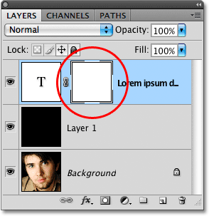 Sebuah layer mask thumbnail akan muncul di panel Layers. Image © 2009 Photoshop Essentials.com.