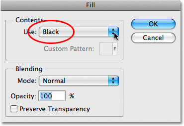 Memilih Hitam untuk mengisi warna pada kotak dialog Fill. Image © 2009 Photoshop Essentials.com.