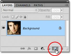 Clicking the New Layer icon in the Layers palette in Photoshop. Image © 2009 Photoshop Essentials.com.