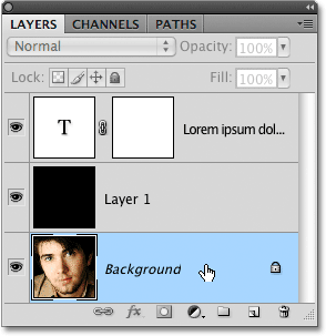 Memilih layer Background di Photoshop. Image © 2009 Photoshop Essentials.com.