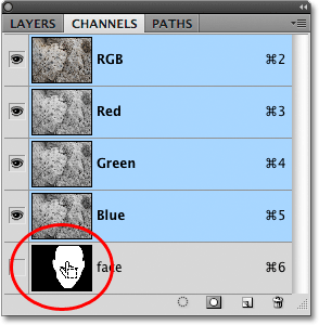 Loading a selection from the Channels panel in Photoshop. Image © 2009 Photoshop Essentials.com.