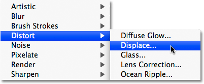 Selecting the Displace filter in Photoshop. Image © 2009 Photoshop Essentials.com.