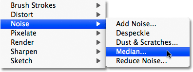 Selecting the Median filter in Photoshop. Image © 2009 Photoshop Essentials.com.