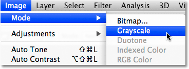 Converting the image to the Grayscale color mode in Photoshop. Image © 2009 Photoshop Essentials.com.