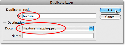 The Duplicate Layer kotak dialog di Photoshop. Image © 2009 Photoshop Essentials.com.