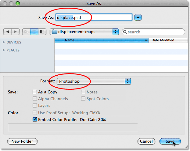 Simpan sebagai kotak dialog di Photoshop. Image © 2009 Photoshop Essentials.com.