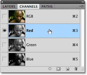 Selecting the Red color channel in the Channels panel in Photoshop. Image © 2009 Photoshop Essentials.com.