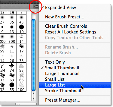 Mengklik ikon menu untuk panel brushes. Image © 2009 Photoshop Essentials.com.