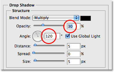 Changing the options for the Drop Shadow in the Layer Styles dialog box in Photoshop. Image © 2009 Photoshop Essentials.com.