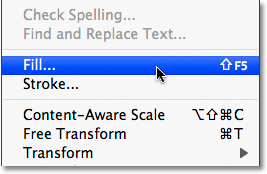 Selecting the Fill command from the Edit menu in Photoshop. Image © 2009 Photoshop Essentials.com.