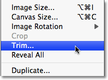 Select the Trim command from the Image menu in Photoshop. Image © 2009 Photoshop Essentials.com.