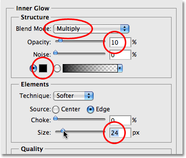 Changing the options for the Inner Glow layer style in Photoshop. Image © 2009 Photoshop Essentials.com.