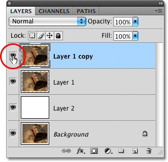 Lapisan ikon visibilitas di Layers panel di Photoshop. Image © 2009 Photoshop Essentials.com.