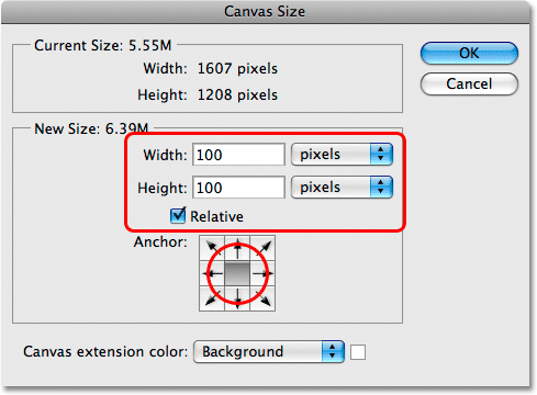 The Canvas Size kotak dialog di Photoshop. Image © 2009 Photoshop Essentials.com.