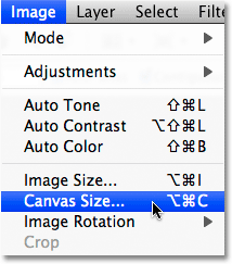 Selecting the Canvas Size command from the Image menu in Photoshop. Image © 2009 Photoshop Essentials.com.