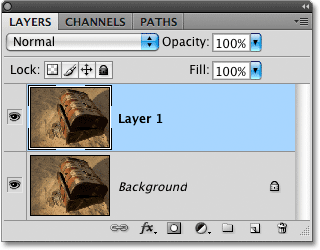 The Layers panel in Photoshop after duplicating the Background layer. Image © 2009 Photoshop Essentials.com.