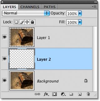 A new blank layer appears in the Layers panel. Image © 2009 Photoshop Essentials.com.