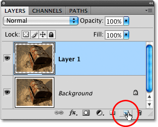 Clicking the New Layer icon in the Layers panel in Photoshop. Image © 2009 Photoshop Essentials.com.