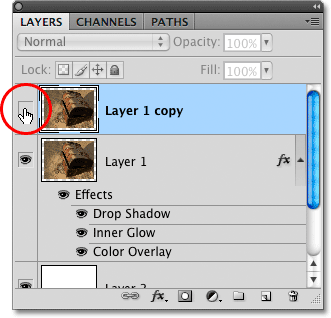 Turning the layer back on in the Layers panel. Image © 2009 Photoshop Essentials.com.