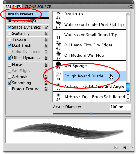 Selecting the 100 Rough Round Bristle Photoshop brush. Image © 2009 Photoshop Essentials.com.