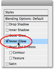 Memilih layer style Inner Glow di Photoshop. Image © 2009 Photoshop Essentials.com.