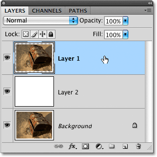 Clicking on 'Layer 1' in the Layers panel to select it. Image © 2009 Photoshop Essentials.com.