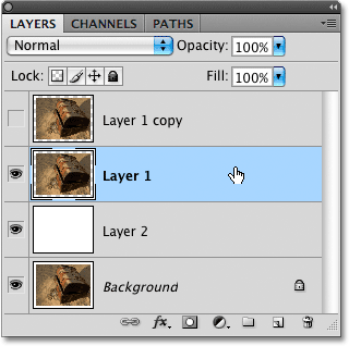 Memilih 'Layer 1' di panel Layers. Image © 2009 Photoshop Essentials.com.