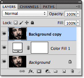 The Background copy layer has been moved above the Solid Color fill layer. Image © 2011 Photoshop Essentials.com.