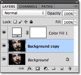 A copy of the Background layer appears above the original in the Layers panel. Image © 2011 Photoshop Essentials.com.